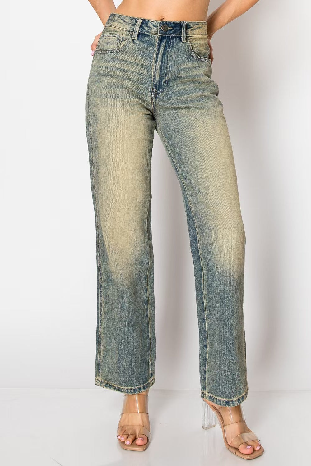 Vintage Wash & Retro Style Distressed Wide Leg Jeans Women's High Waist Denim