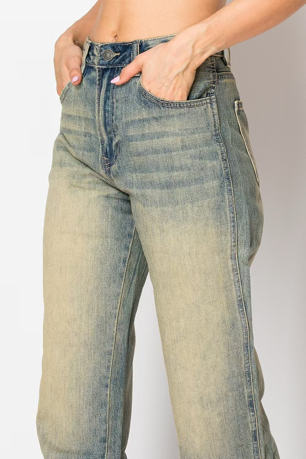 Vintage Wash & Retro Style Distressed Wide Leg Jeans Women's High Waist Denim