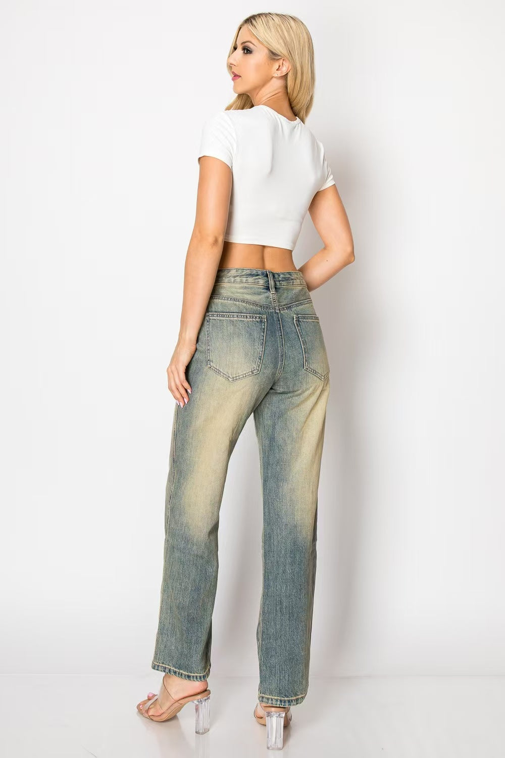 Vintage Wash & Retro Style Distressed Wide Leg Jeans Women's High Waist Denim