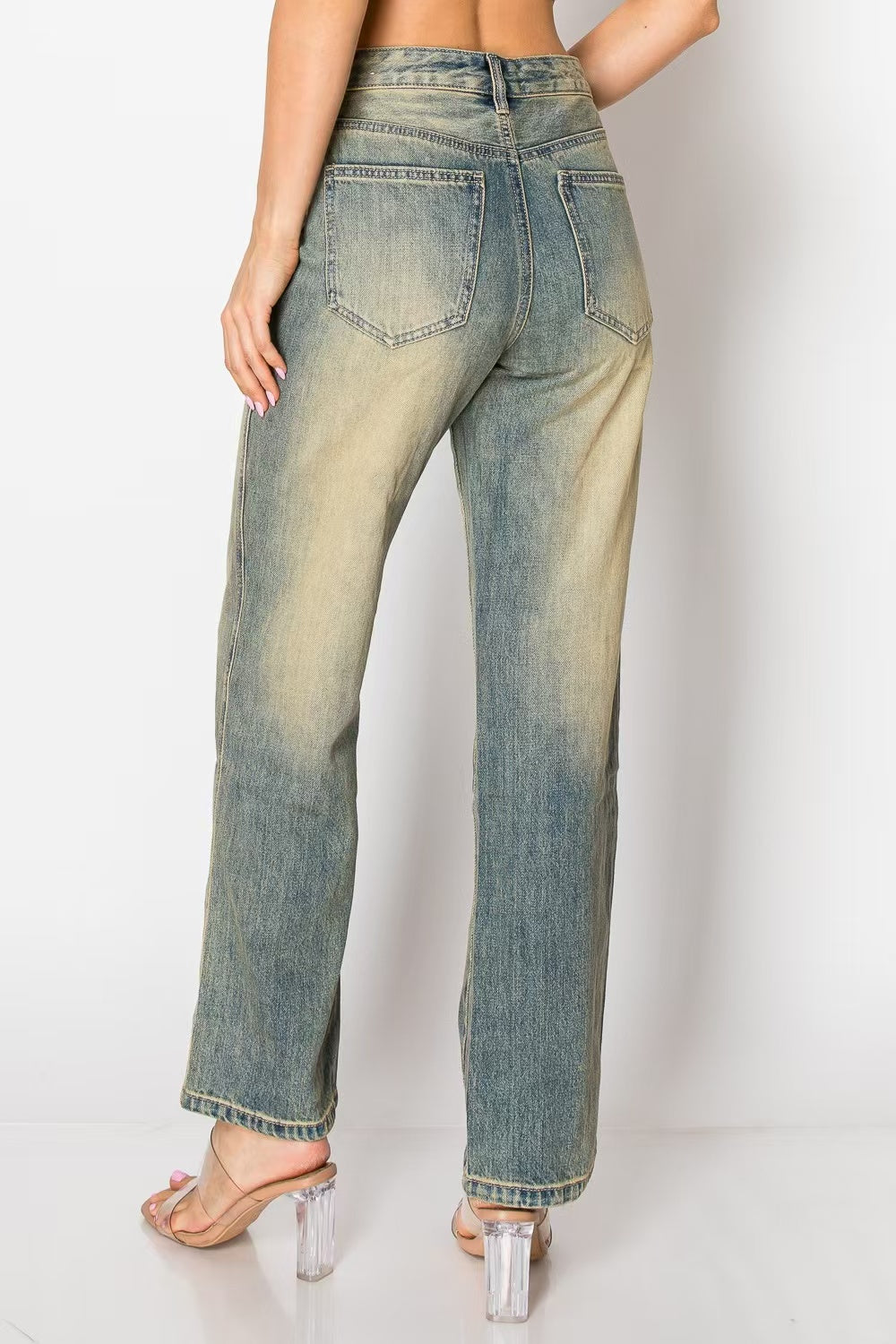 Vintage Wash & Retro Style Distressed Wide Leg Jeans Women's High Waist Denim