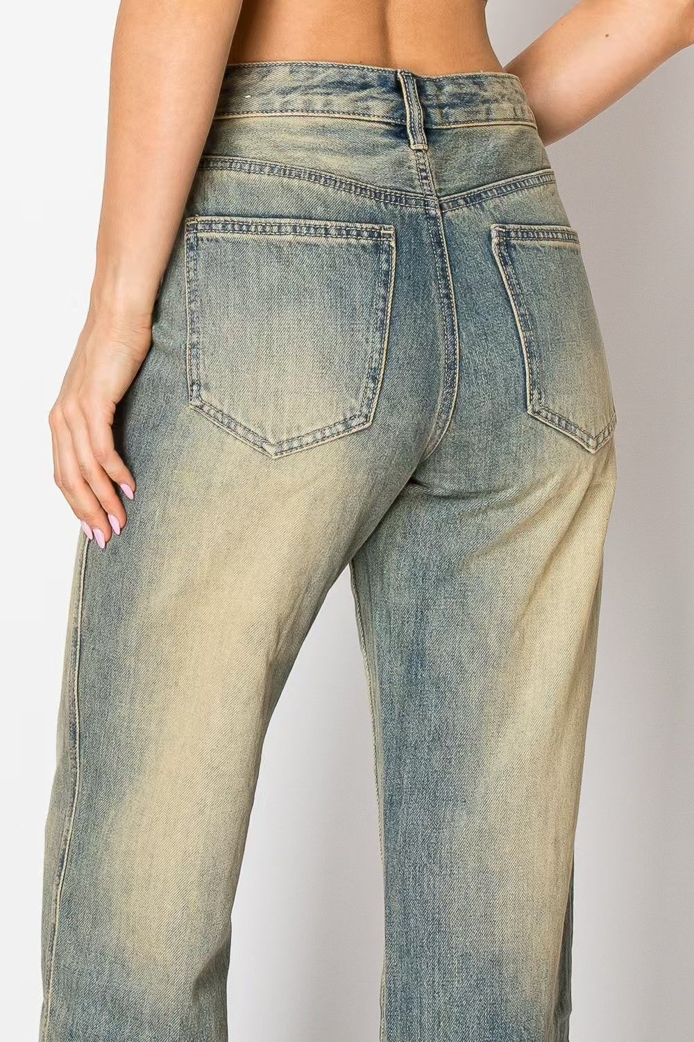 Vintage Wash & Retro Style Distressed Wide Leg Jeans Women's High Waist Denim