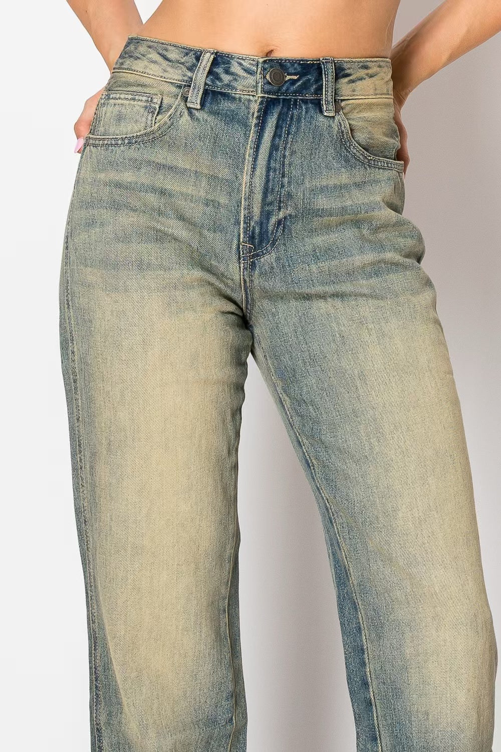 Vintage Wash & Retro Style Distressed Wide Leg Jeans Women's High Waist Denim